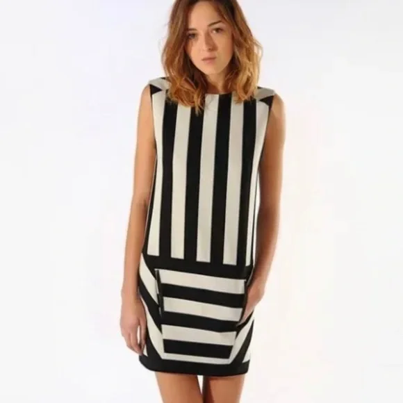 Maje | Dresses | Maje Striped Whiteblack Mini Dress Vback Wleather Trim At  Pockets Size 8 | Poshmark